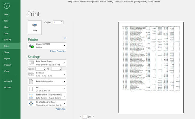 Cách sử dụng in ấn trên Excel