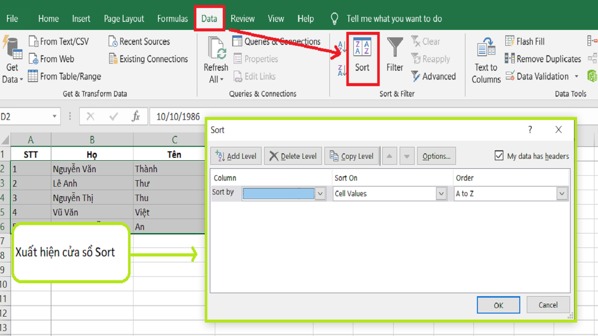 Cách sắp xếp dữ liệu trên Excel đơn giản